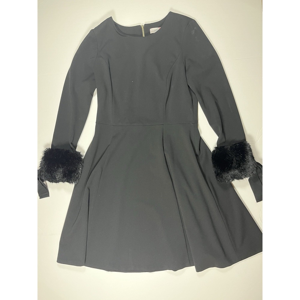 Calvin Klein Dress Women's Fit n Flare Faux Fur Cuffs Black Bows Back Zip Sz‎ 10